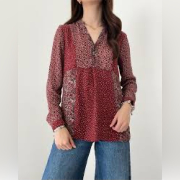 Zara Blouse Burgundy Floral Mixed Media Buttoned Pleated Pullover Top Medium - Picture 1 of 6